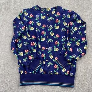 VTG EVANNA Women's Floral Front Button Blouse Shirt Size 14 Navy Blue Multicolor